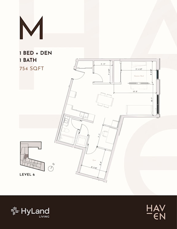 A floor plan for a one bedroom, one bathroom apartment sized at 754 square feet.