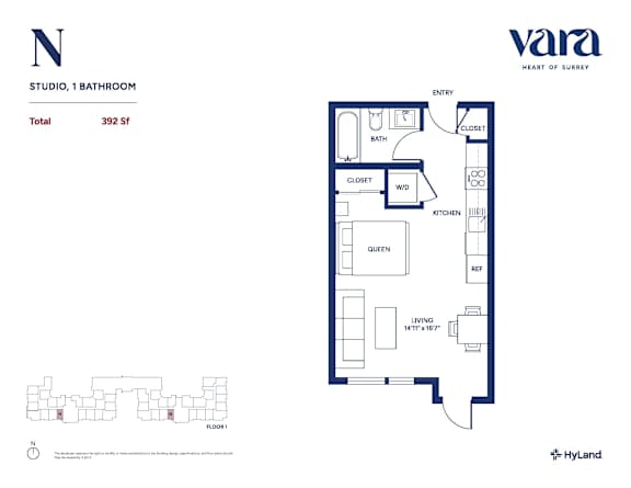 A floor plan for a 392 square foot studio with one bathroom.