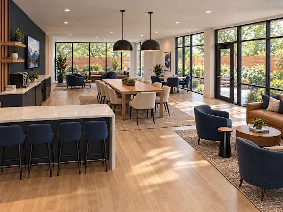 A modern open-plan living and dining area with a bar and blue chairs.