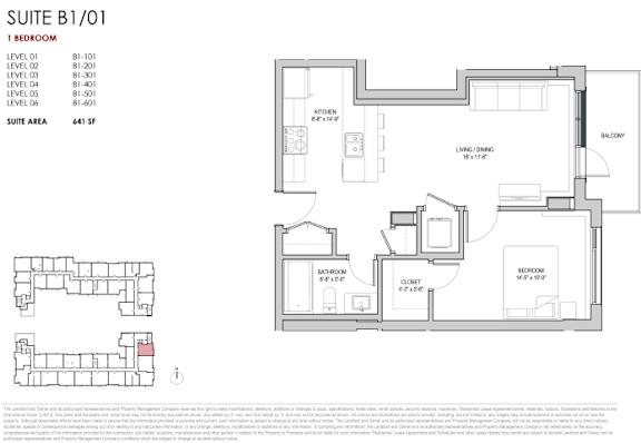 A floor plan for a suite area of 441 square feet is shown, including a bedroom, bathroom, living/dining area, and kitchen.