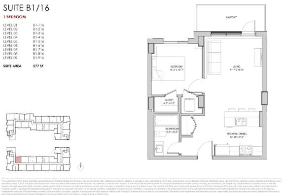 A floor plan for a suite with a bedroom, living room, and kitchen.