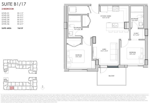 A floor plan for a suite labeled B1/17, which includes a 2 bedroom, 2 bathroom layout with a total area of 740 square feet.