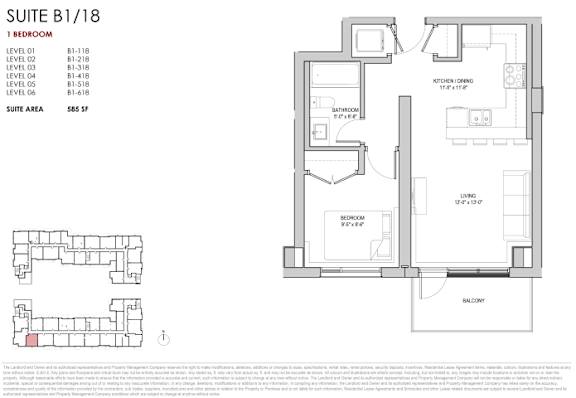 A floor plan for a suite with a bedroom, bathroom, living room, and kitchen.