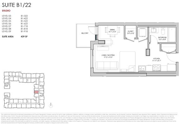 A floor plan for a suite with a list of levels and a detailed drawing of the rooms.