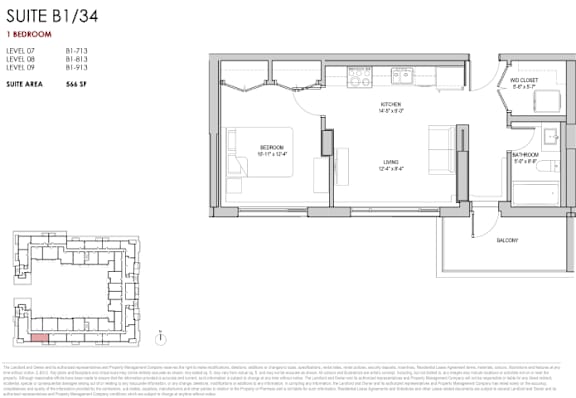 A floor plan for a suite with a bedroom, living room, and kitchen.