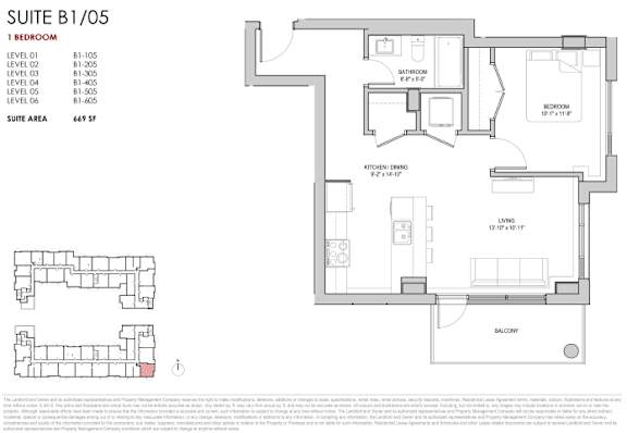 A floor plan for a suite area of 469 square feet is shown, including a bedroom, bathroom, kitchen/dining area, and living room.