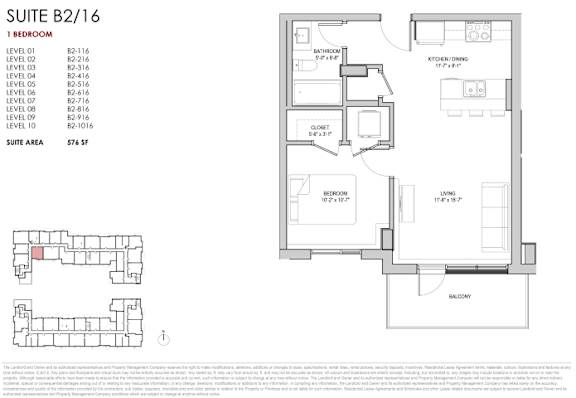 A floor plan for a suite with a bedroom, living room, and balcony.