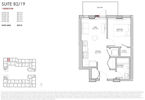 A floor plan for a suite with a bedroom, living room, and kitchen.
