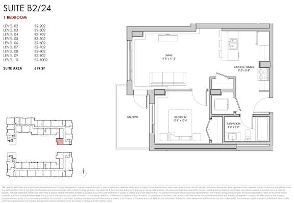 A floor plan for a suite with a bedroom, living room, and balcony.
