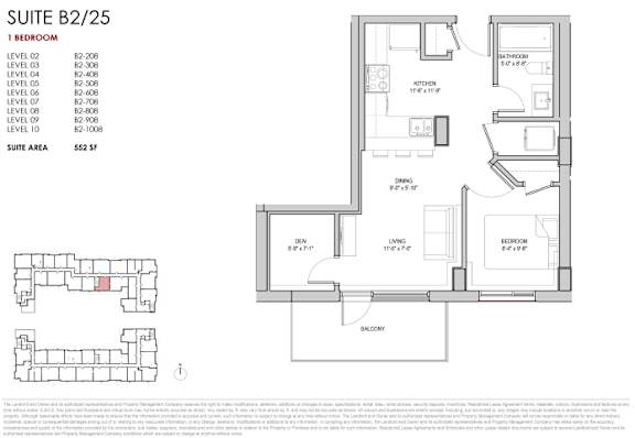 A floor plan for a suite with a bedroom, living room, and den.