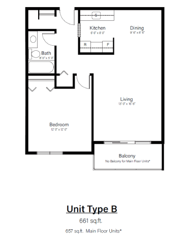 A drawing of a floor plan for a Unit Type B, which is 661 sq.ft. and has a living area of 130 x 130.