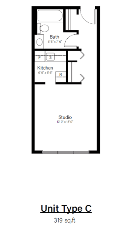 A drawing of a floor plan for a 319 sq.ft. apartment with a bath, kitchen, and studio space.
