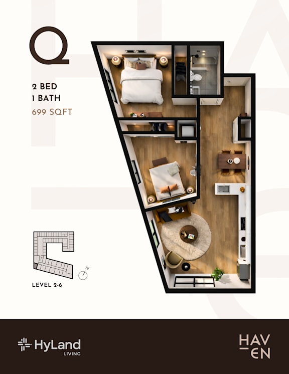 Q Type 2 Bed 1 Bath 698-to701 Sq. Ft. Floor Plan at Haven, Vancouver, BC V6T 1Z3