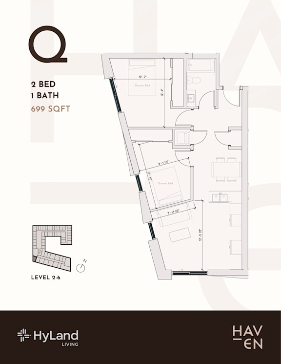A floor plan for a 2 bedroom, 1 bathroom apartment sized at 699 square feet.