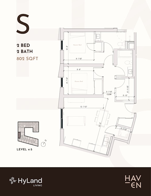 A floor plan for a 2 bedroom, 2 bathroom apartment sized at 802 square feet.