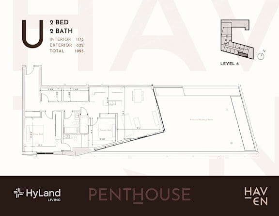 A floor plan for a penthouse apartment with two bedrooms and two bathrooms.
