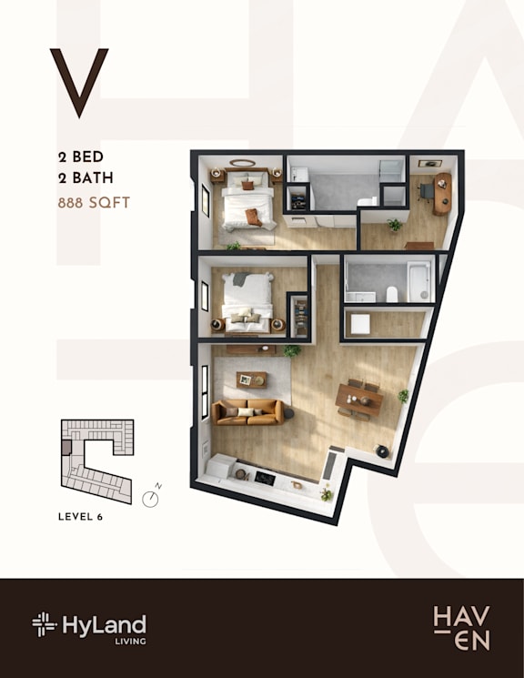 2  Bed   2  Bath   888 Sq. Ft. V Type Floor Plan  at Haven, Vancouver, BC V6T 1Z3
