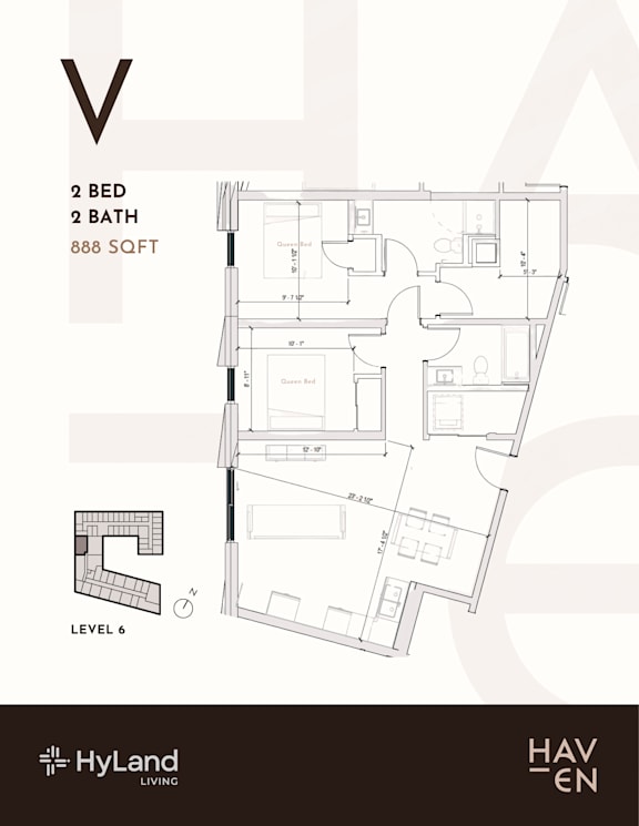 A floor plan for a 2 bedroom, 2 bathroom apartment sized at 888 square feet.