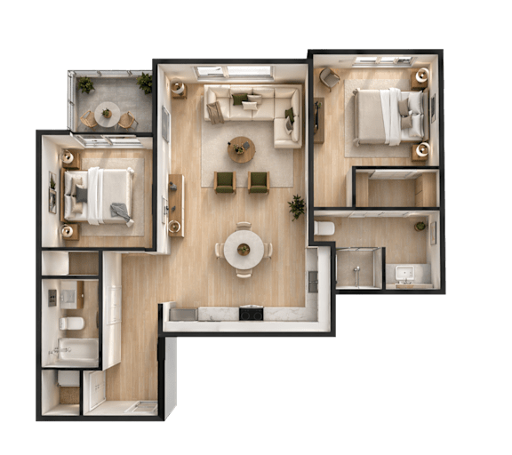 A detailed 3D floor plan of a house layout.
