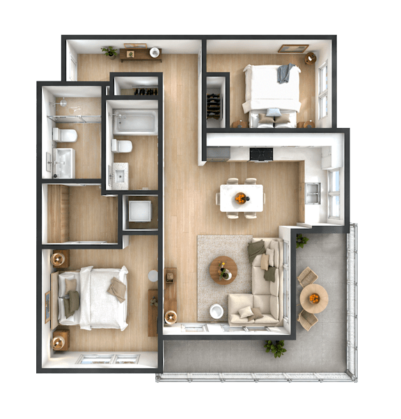 A top-down view of a modern apartment layout with a living room, kitchen, and two bedrooms.
