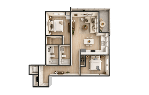A detailed 3D floor plan of a house showing all rooms and their layout.