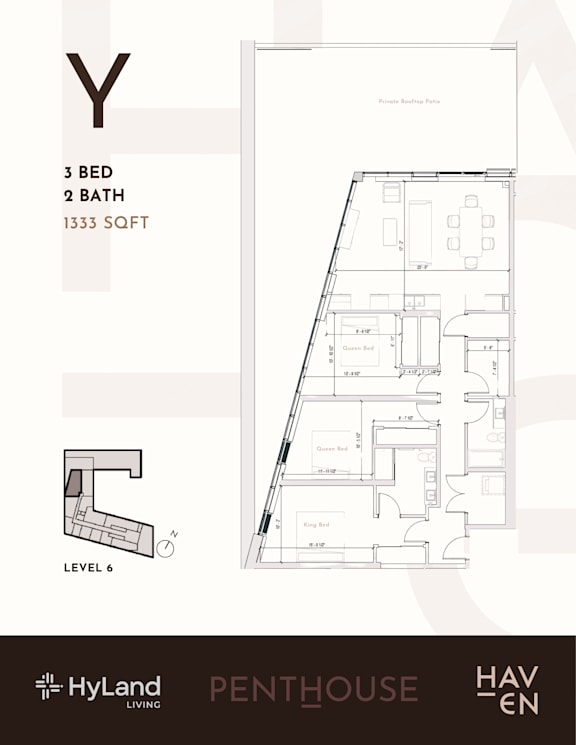 A drawing of a penthouse apartment with a living room, two bedrooms, and two bathrooms.