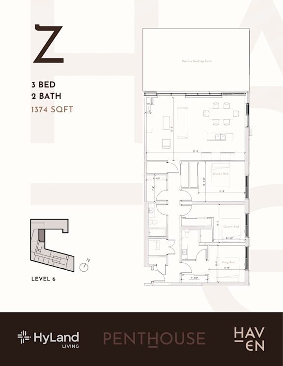 A floor plan for a penthouse apartment with 3 bedrooms and 2 bathrooms sized at 1374 square feet.
