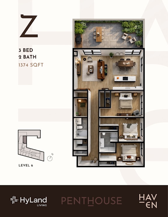 Z Type 3  Bed   2  Bath   1,374 Sq. Ft. Floor Plan at Haven