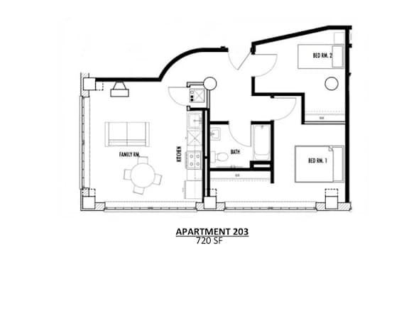 Apartment 203 is a 720 square foot space with two bedrooms and a bathroom.