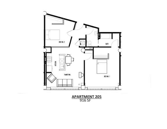 Apartment 205 is 91.6 square feet in size.
