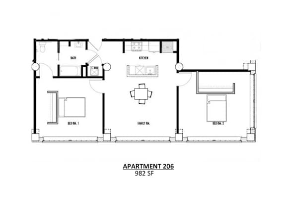 Apartment 206 is a 982 square foot space with a kitchen, living room, and two bathrooms.