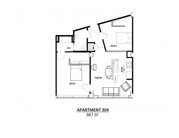 Apartment 304 is a 867 square foot space with two bedrooms and a living room.