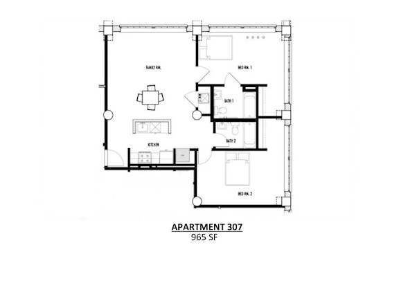 Apartment 307 is a 965 square foot space with a kitchen, living room, and two bedrooms.