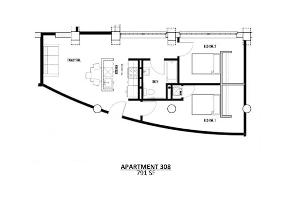 Apartment 308 is a 791 square foot space with a family room, kitchen, and two bedrooms.