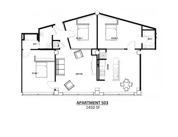 Apartment 503 is a 1450 square foot home with two bedrooms and two bathrooms.