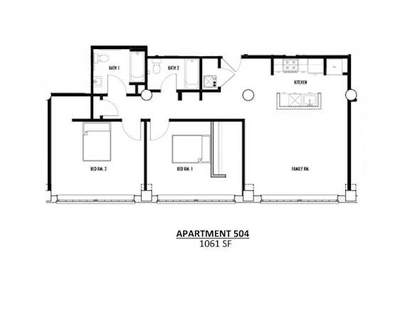 Apartment 504 is a 1061 square foot apartment with a kitchen, two bathrooms, and a living room.