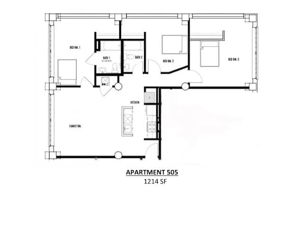 Apartment 505 is a 1214 square foot space with a kitchen, living room, and two bedrooms.