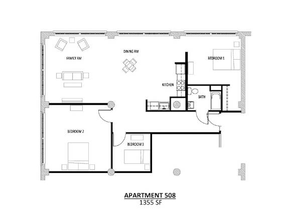 Apartment 508 is a 1355 square foot space with three bedrooms, a family room, a dining room, and a kitchen.