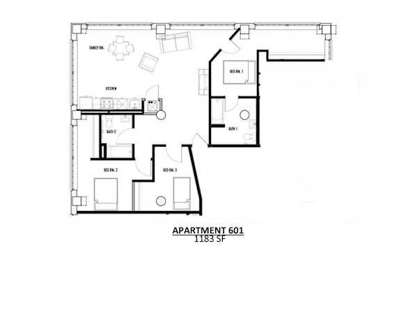 Apartment 601 is a 1183 square foot space with a kitchen, living room, and two bedrooms.