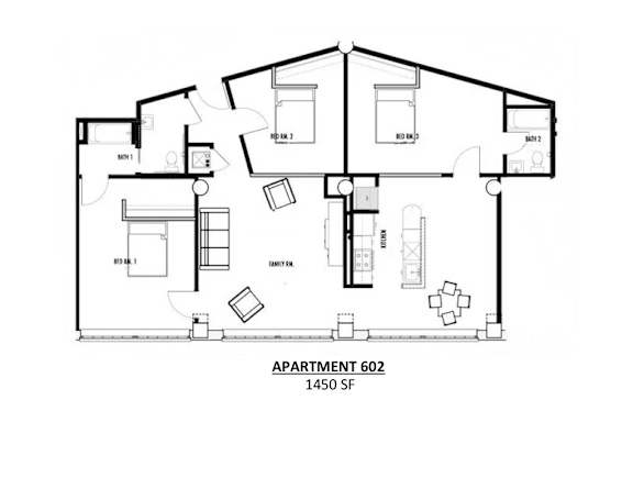 Apartment 602 is a 1450 square foot home with two bedrooms and two bathrooms.