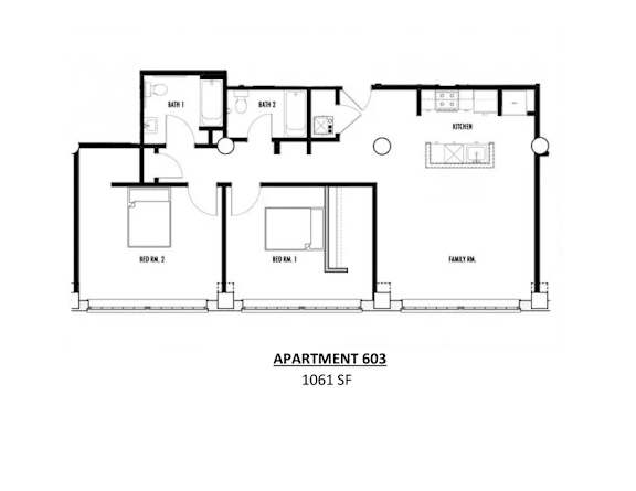 Apartment 603 is a 1061 square foot space with two bedrooms and a kitchen.