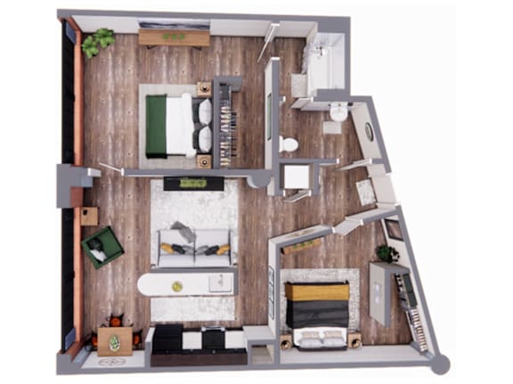 A 3D rendered image of a 2 bed 1 bath floor plan.