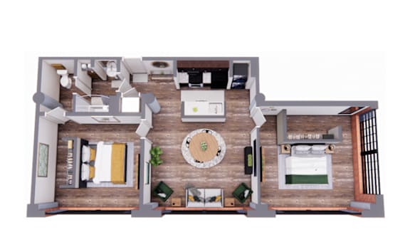 A 3D rendered image of a 2 bed 1 bath floor plan.