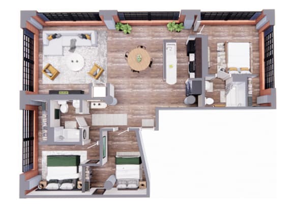 A 3D rendered image of a 3 bed 2 bath floor plan.