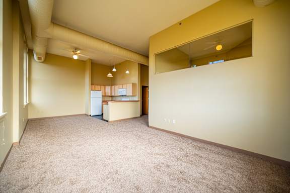 A large empty room with a carpeted floor and a window.