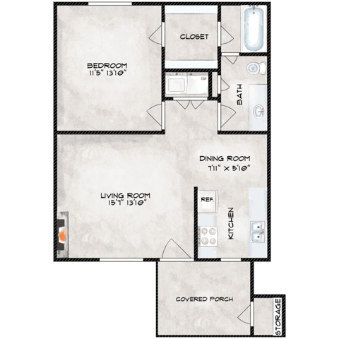A floor plan of a house with a bedroom, living room, dining room, kitchen, and a covered porch.
