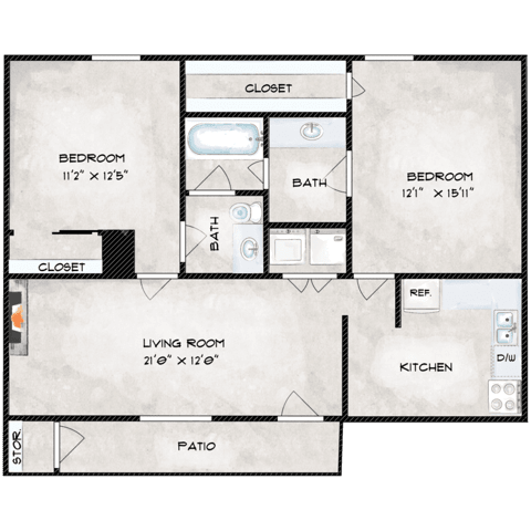 A floor plan of a house with two bedrooms, a living room, a kitchen, a bath, a closet, and a patio.