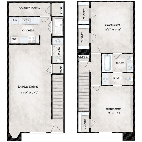A floor plan of a house with a living room, dining room, kitchen, and two bedrooms.
