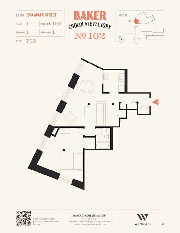 A floor plan for Baker Chocolate Factory shows a building with 1200 Adams Street.
