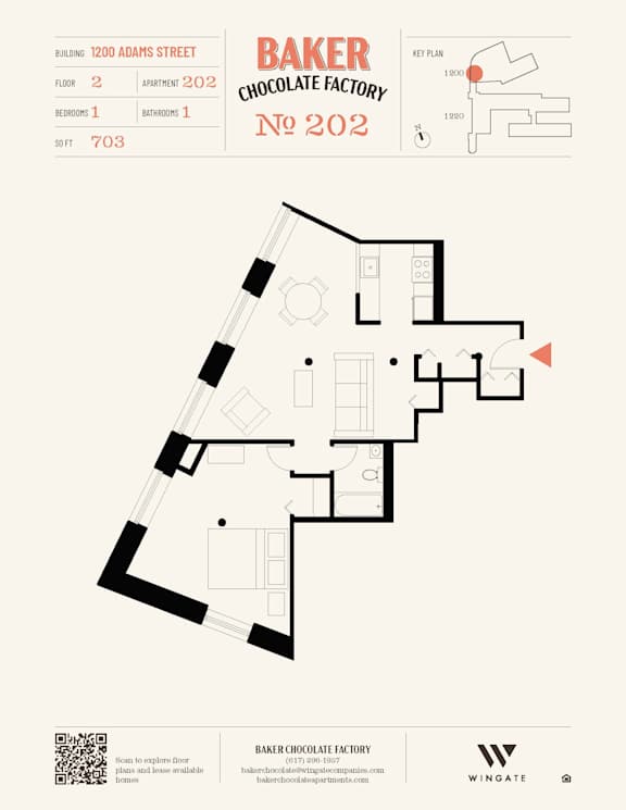 A floor plan for Baker Chocolate Factory shows a building with 2 apartments on the second floor.